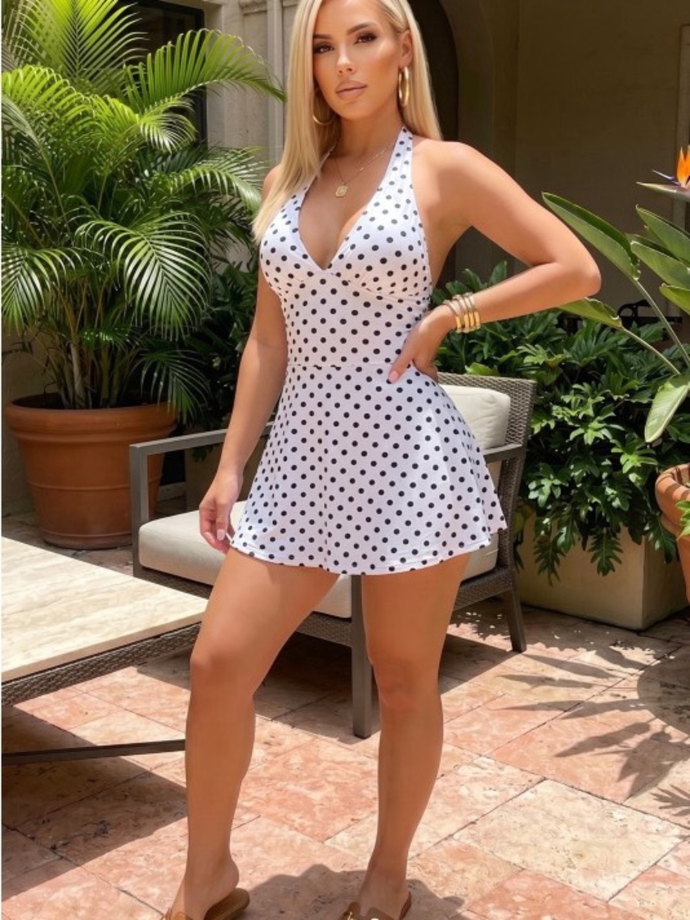 Polka Dot Halter Mini Dress - White with Black Dots